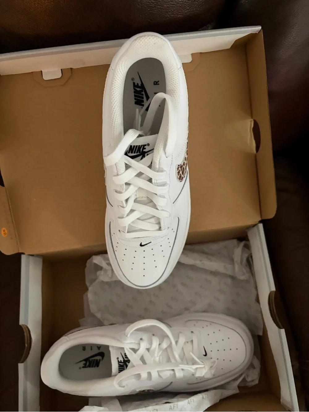 Nike Kids White Sneakers with Leopard Print Swoosh